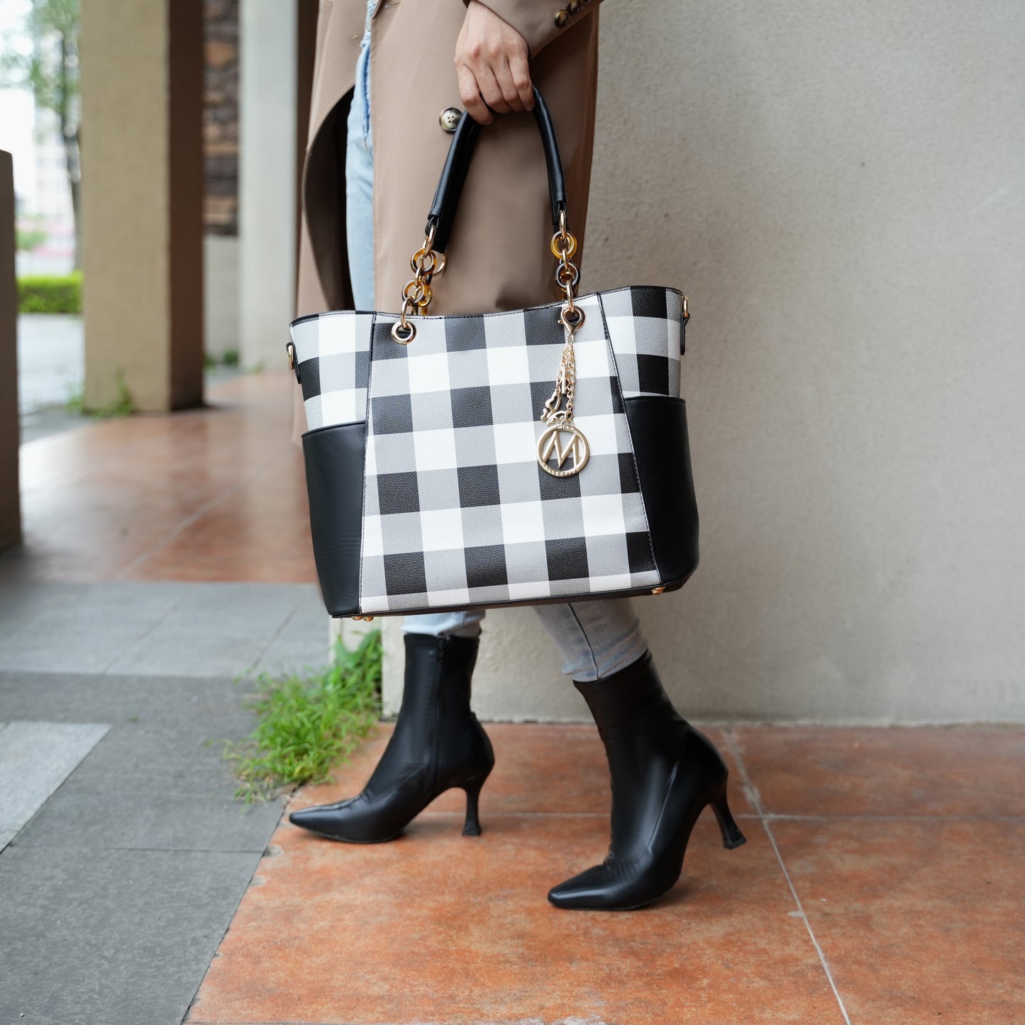 Bonita Vegan Leather Women'S Checkered Tote Bag, Shopper Purse Handbag & Wristlet Wallet 2 Pcs by Mia K - Cognac Brown