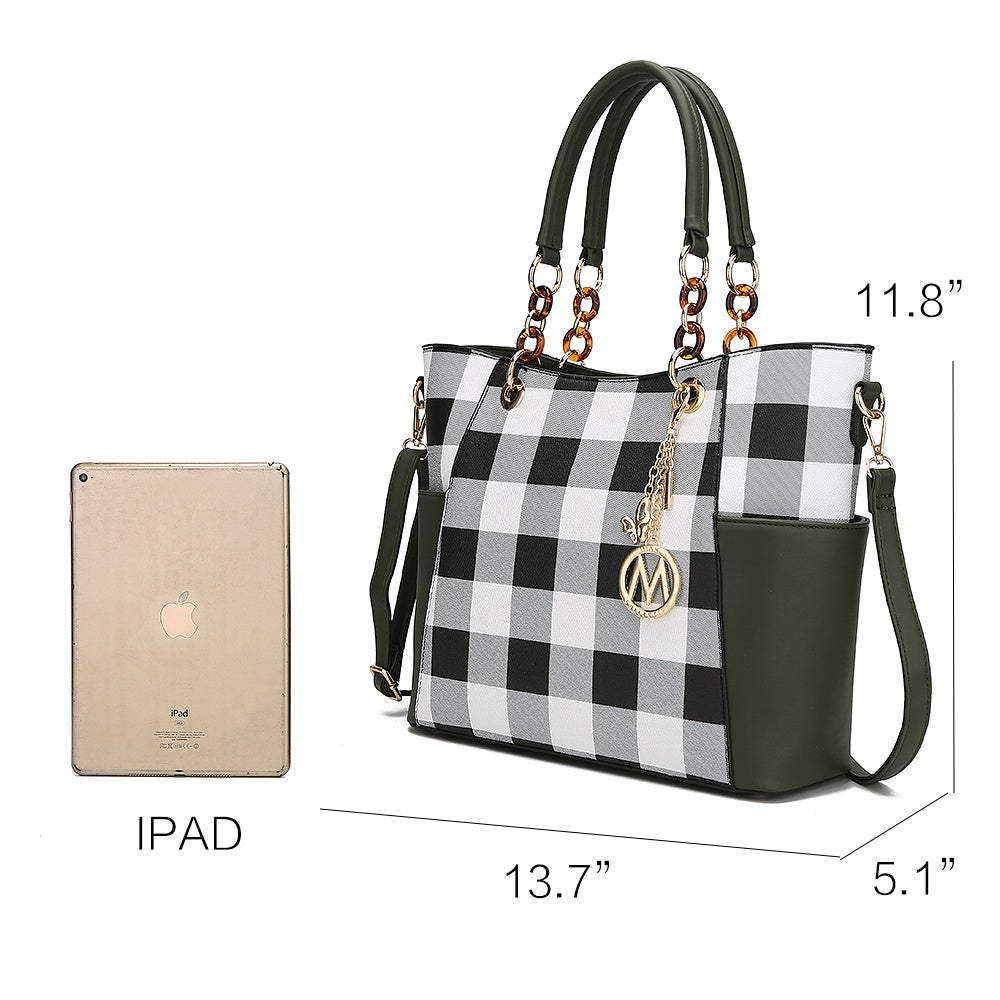 Bonita Vegan Leather Women'S Checkered Tote Bag, Shopper Purse Handbag & Wristlet Wallet 2 Pcs by Mia K - Cognac Brown
