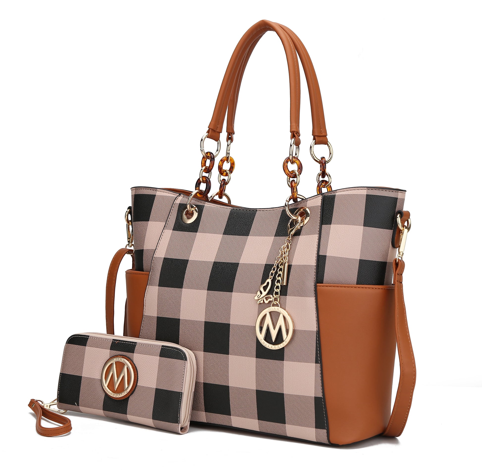 Bonita Vegan Leather Women'S Checkered Tote Bag, Shopper Purse Handbag & Wristlet Wallet 2 Pcs by Mia K - Cognac Brown
