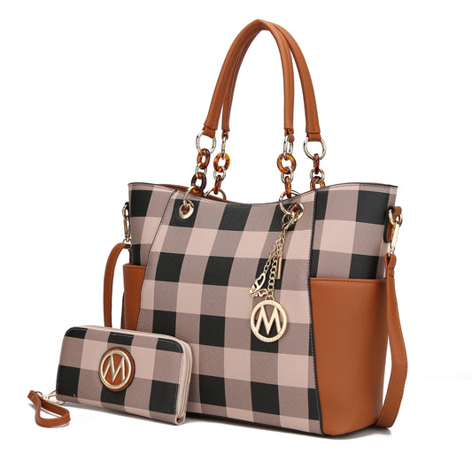 Bonita Vegan Leather Women'S Checkered Tote Bag, Shopper Purse Handbag & Wristlet Wallet 2 Pcs by Mia K - Cognac Brown