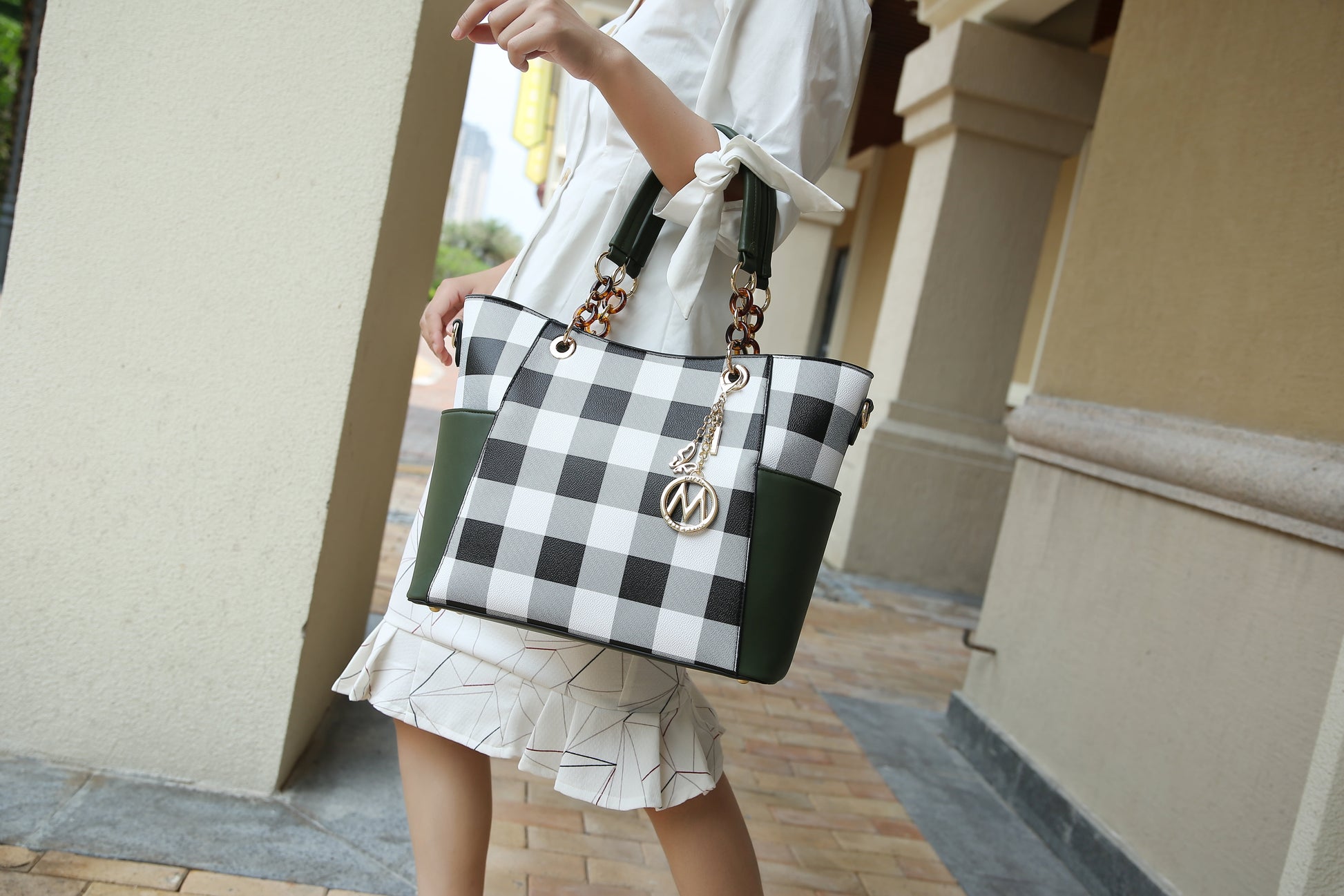 Bonita Vegan Leather Women'S Checkered Tote Bag, Shopper Purse Handbag & Wristlet Wallet 2 Pcs by Mia K - Cognac Brown