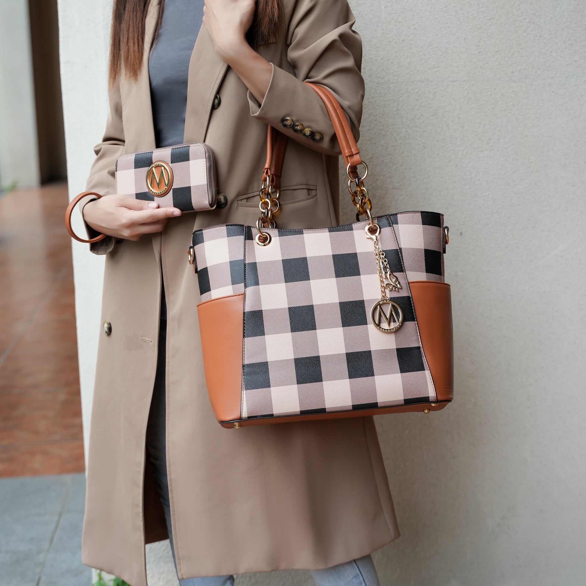 Bonita Vegan Leather Women'S Checkered Tote Bag, Shopper Purse Handbag & Wristlet Wallet 2 Pcs by Mia K - Cognac Brown